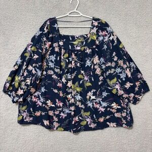 Casual Everyday Floral Blouse Navy Lightweight Cotton Size 4X Puff Sleeve